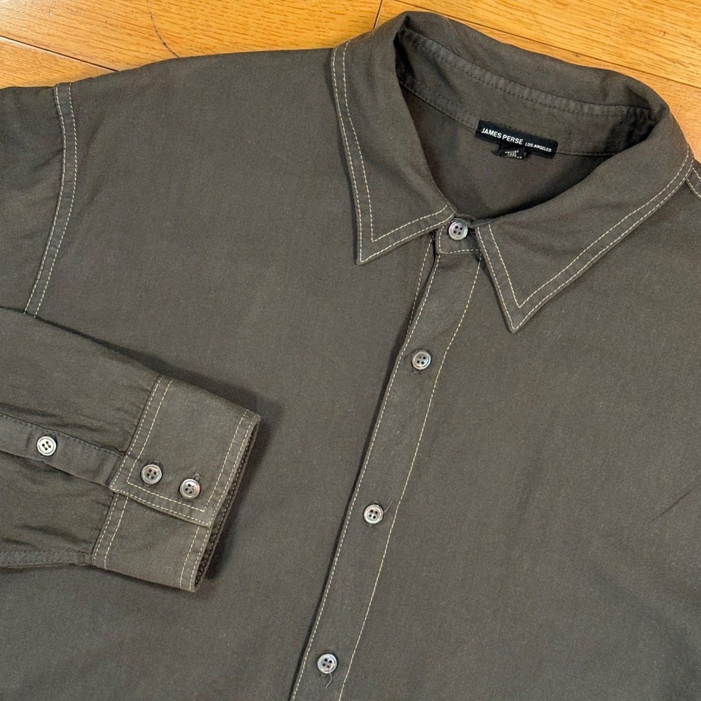 James Perse Mens 3 Contrast Stitch Cotton Twill Button Down Shirt Olive Green